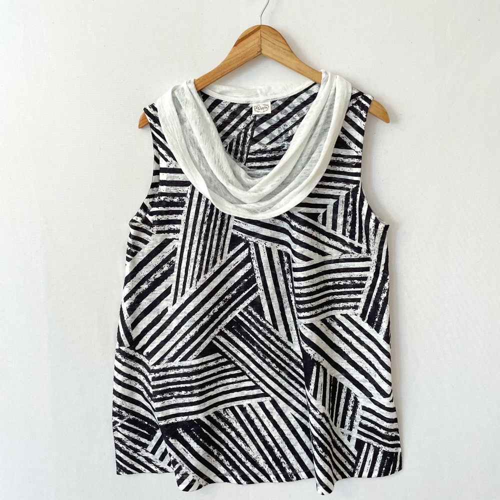 ET LOIS Women's Large Sleeveless Tunic White Gauzy Cowl Neck Black & White Print